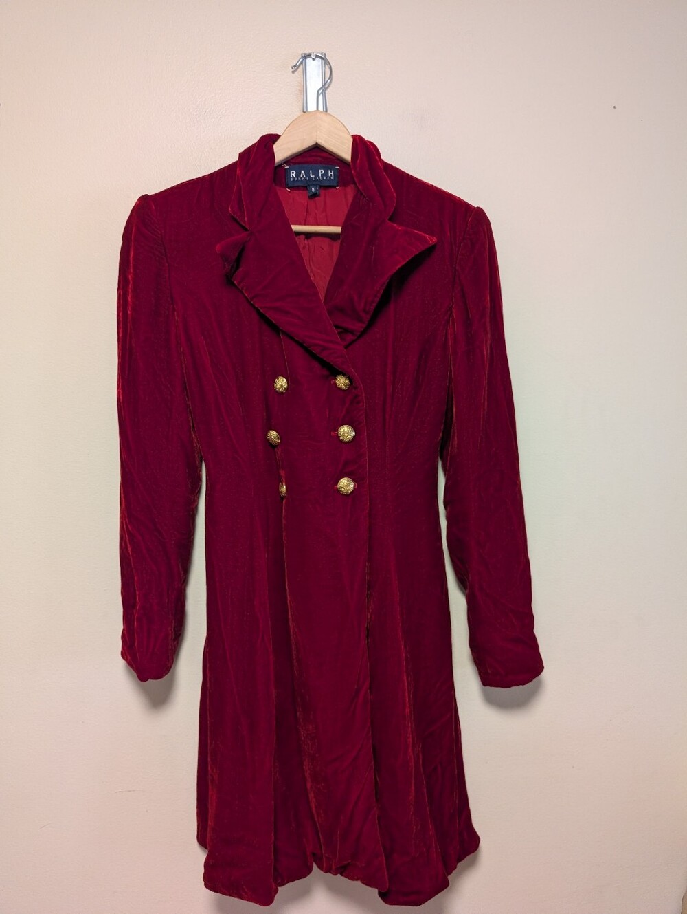 Ralph Lauren Red Silk Velvet Double Breasted Coat Size 8 Gold Buttons